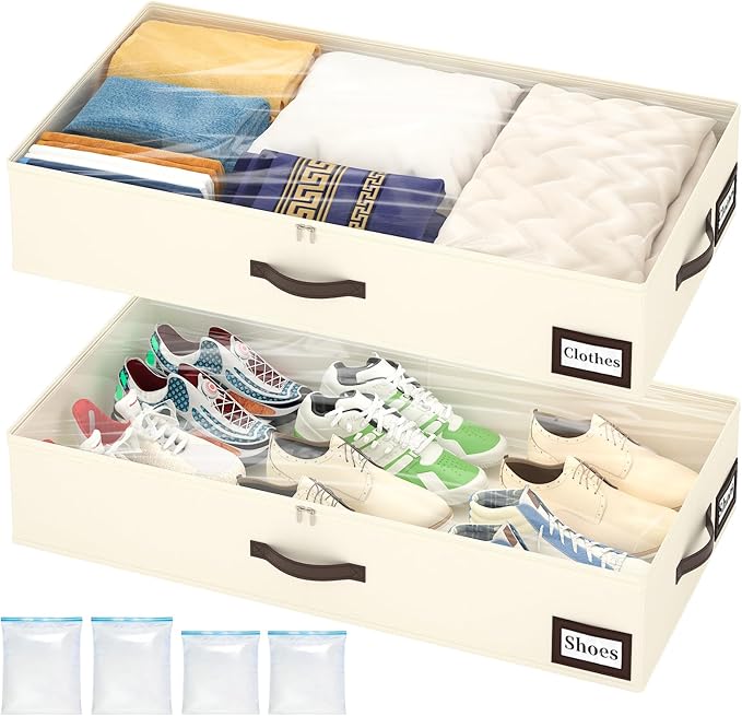 OIAHOMY 2 Pack Under Bed Storage with 4 Compression Bags, Underbed Organizers for Bedroom & Closet, Fits Beds Higher than 5.9", Space-Saving for Seasonal Clothes, Blankets & Shoes - Beige