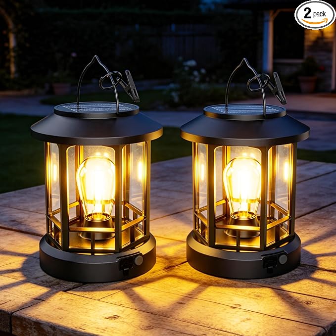 Solar Lights Outdoor Hanging Lantern, Solar Lanterns Waterproof for Patio Decor with Clip, Retro High Brightness Solar Powered Hanging Lamp for Garden, Path, Walkway, Porch, Pack 2