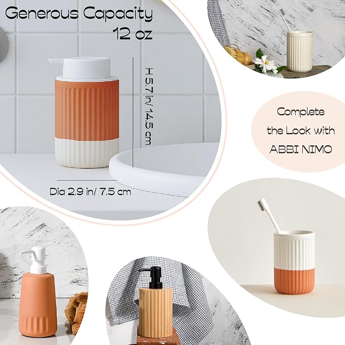 2 Pack Hand Dipped Terracotta Ceramic Foam Soap Dispenser, 12 oz Rippled Bubble-Up Bottle with White Silicone Pump, Refillable Orange Hand Soap Dispenser for Bathroom