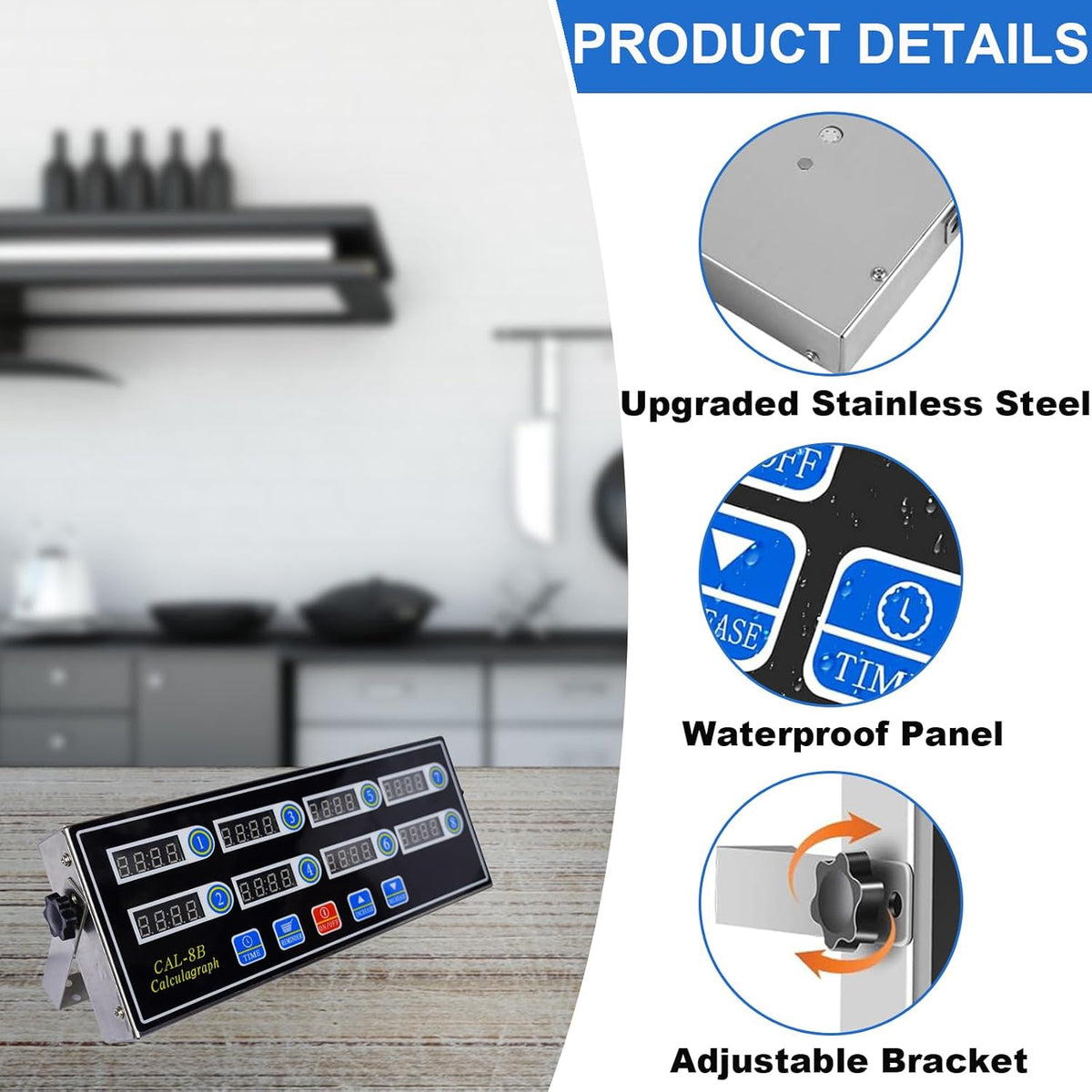Commercial 8 Channels Digital Kitchen Timer, Stainless Steel Calculagraph Timer with Loud Alarm for Restaurant, Clock Reminder on Multiple Events