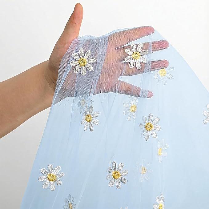 Horaldaily Blue Embroidery Daisy Spring Summer Gauze Tablecloth 60×104 Inch Rectangular, Seasonal Tulle Table Cover, Garden Party Decorations for Wedding, Party, Holiday Dining