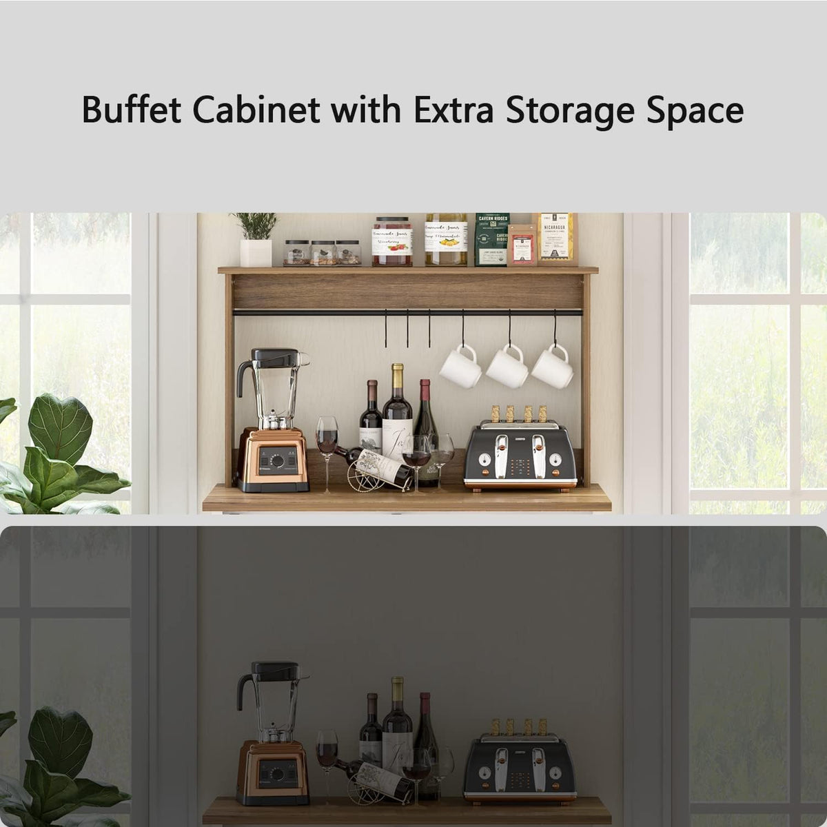 Farmhouse Coffee Bar with Hutch, White Coffee Bar Cabinet with Storage Sliding Barn Door, 31 Inch Buffet Cabinet with 6 Hooks