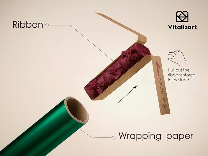 Vitalizart Green Matte Metallic Wrapping Paper Set 17" With Red Silk Like Satin Ribbon & Gift Tags Recyclable Christmas Gift Wrapping Birthday Baby Shower Wedding Handmade Crafts 197"(16.4 Ft)