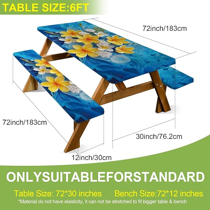 ANNA QUEEN 6FT Yellow Flowers Spring Picnic Table Cover with Bench Covers Picnic Table Cover Set 3PCS 72"x30", Outdoor Bench and Tablecloth Furniture Protection