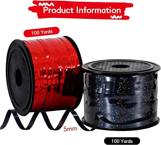BEISHIDA 2 Pack 100 Yards Red Black Curling Crimped Glitter Ribbon Balloon String Shiny Metallic for Gift Wrapping Ribbon 2026 Graduation New Year Eve Halloween Birthday Party Decor