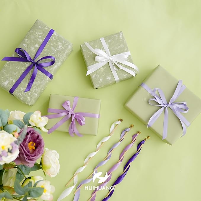HUIHUANG Purple Satin Ribbon 1/2 inch x 4 Rolls White/Dark Purple/Lilac/Lavender Ribbon for Gift Wrapping DIY Crafts Hair Decor Flower Bouquets Wedding Decor- Total 40 Yards