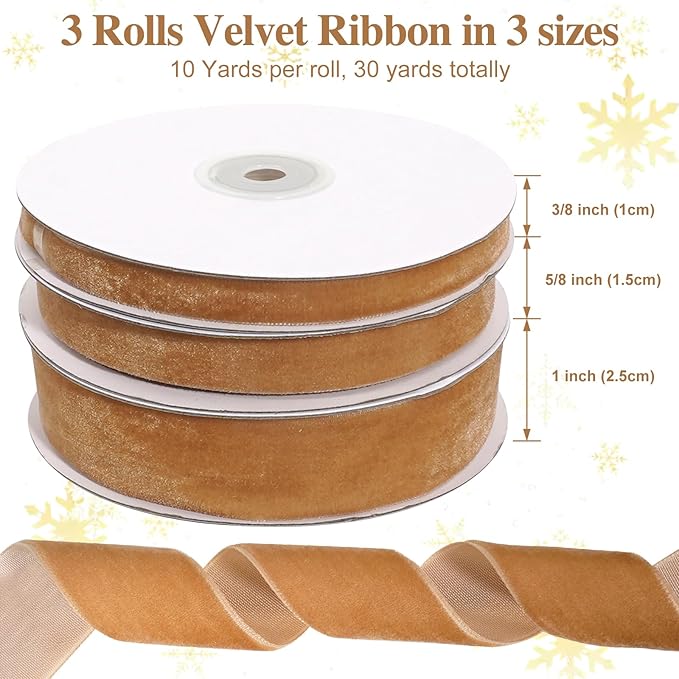 Khaki Velvet Ribbon, Vintage Gold Christmas Ribbon Set, 3 Rolls 3/8, 5/8, 1 inch Wide, 30 Yards Velvet Ribbons for Gift Wrapping, Christmas Tree Ornaments, Crafts, Weddings, Weaths, Garland