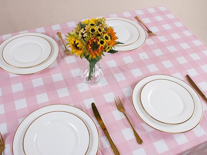Kesfey 8 Packs Pink and White Checkered Tablecovers 54 x 108 Inches Disposable Party Picnic Table Cloth SpillProof Plastic Gingham Tablecovers for Camping Decoration Party Favors