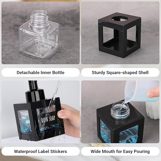 Segbeauty 11.84oz Black Foaming Soap Dispenser for Bathroom, 2pcs 350ml Empty Square Dish Soap Dispenser with Labels Pump for Kitchen, Refillable Hand Wash Foam Dispenser Soap Reusable Shampoo Bottles