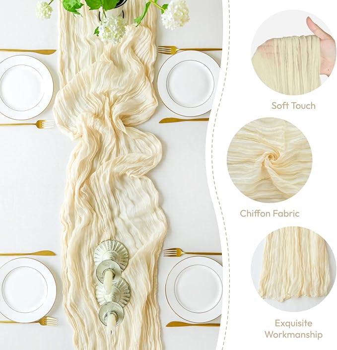 Sioloc 5 Pack Beige Cheesecloth Table Runner 120'' x 35'',Spring Easter Decor Soft Gauze Boho Wedding Table Decor for 10ft Table Birthday Party,Baby Shower, Bridal Shower, Home & Event Decor