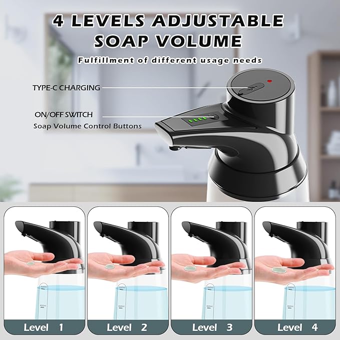 Automatic Liquid Soap Dispenser Touchless,Black 4-Level Adjustable Modern Type-C Rechargeable Electric Sensor Soap Dispenser,Hand Sanitizer Dispenser for Kitchen(23.7oz/700ml)