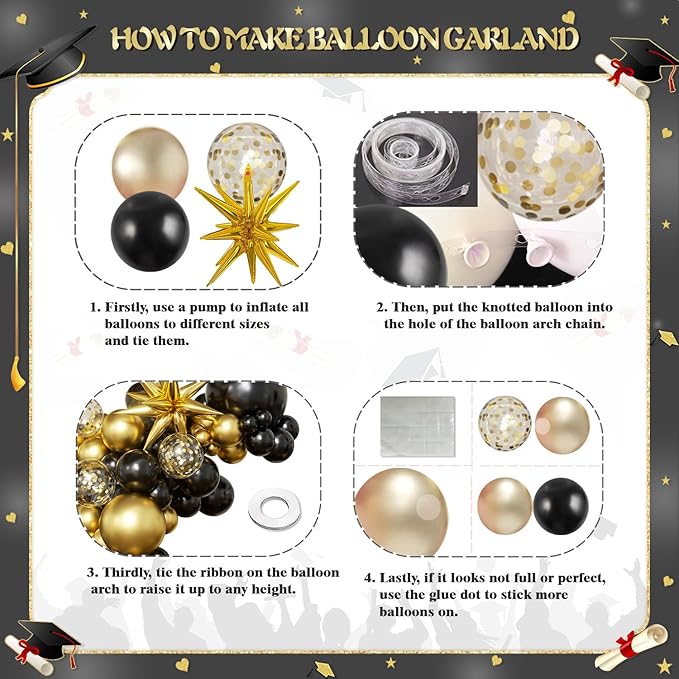 Black Gold Balloon Arch Kit Graduation Decorations 2026, 130Pcs Black and Gold Balloons and Foil Star Balloon with Confetti Ribbons Grad Party Decorations for College High School Class of 2026