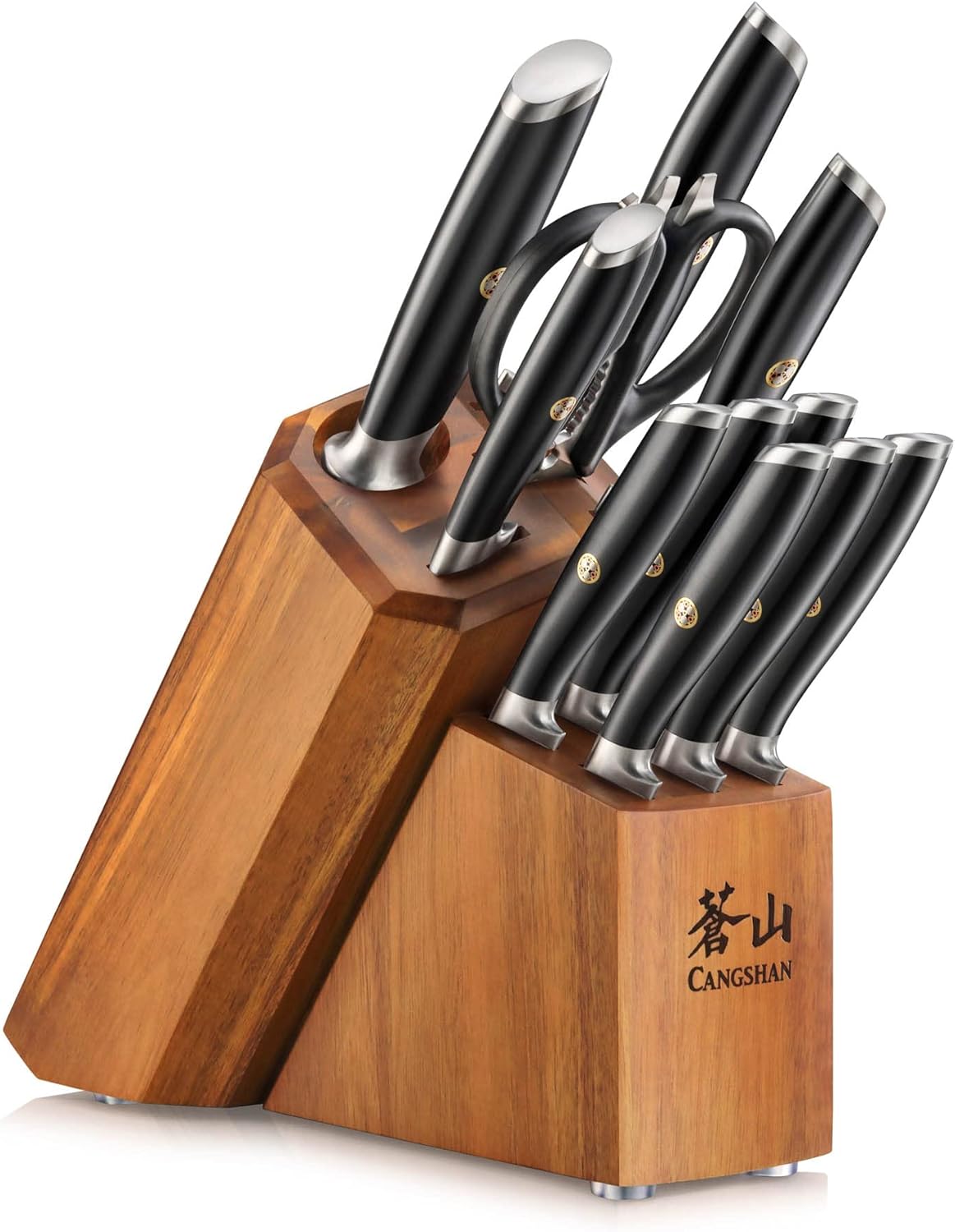 Cangshan L Series 12-Piece Knife Block Set with 6 Steak Knives, Forged German Steel, Acacia Block, Black, 1026061