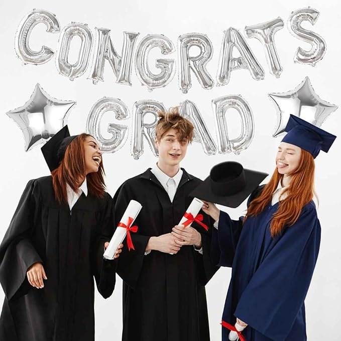 16 Inch Silver Congrats Grad Banner Balloons Congrats Grad Letters Balloons Graduation Decorations 2026 for Graduation Celebration Party Supplies
