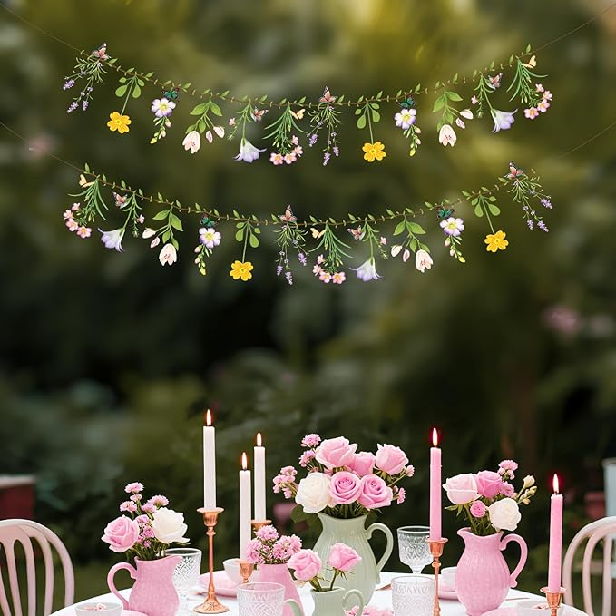 2PCS Flower Banner Reusable Wildflower Garland Floral for Spring Party Enchanted GardenTheme Picnic Wedding Baby Shower Birthday Tea Party Supplies Home Decorations (Green-Smaller)