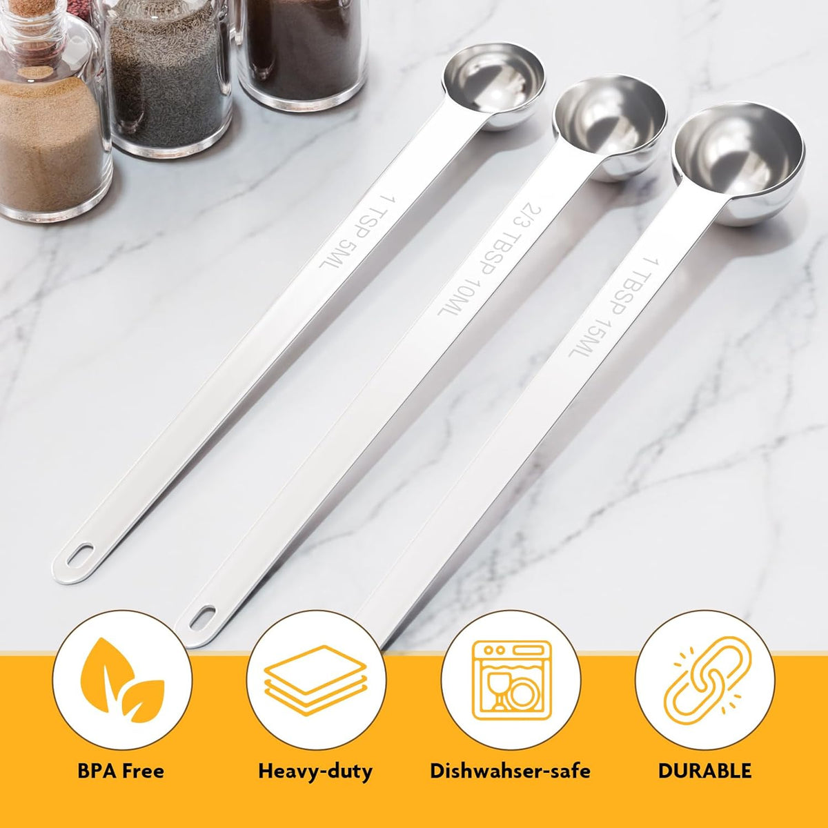 1PCS 2/3Tbsp(2tsp, 10ml) Extra Long Handle Measuring Spoon, Single Stainless Steel Individual Measure Scoop Only