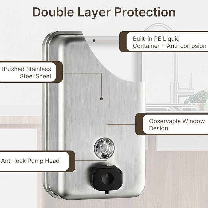 Stainless Steel Soap Dispenser Wall Mounted, 37oz Commercial Hand Soap Dsipenser, Manual Anti-Leak Pump Liquid Soap Dispenser, Rust-Proof Lining Hand Sanitizer Lotion Dispenser for Bathroom