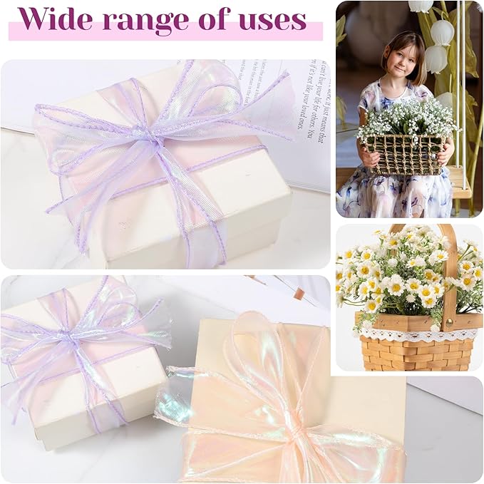 4 Rolls Iridescent Organza Ribbon Sheer 4 Colour Organza Ribbon, Sheer Easter Craft Decorative Ribbons 10 Yards Wired Chiffon Ribbons for Flowers Floral Bouquets Garlands Wedding Gift Wrapping Hair
