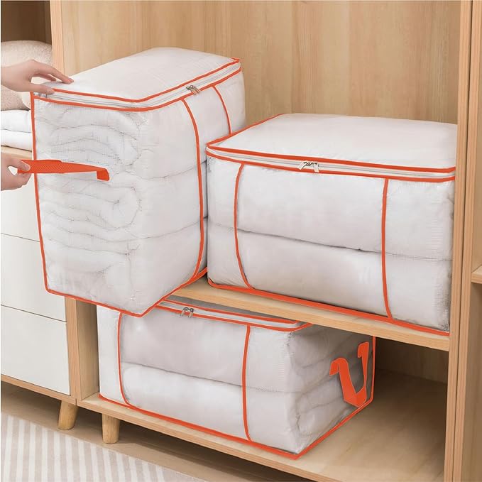 5 Pack 55L Clothing Storage Bag,Clothes Storage Bins Foldable Closet Organizer Storage Containers and Organization for Blanket, Comforters, Bed Sheets, Pillows(Orange)
