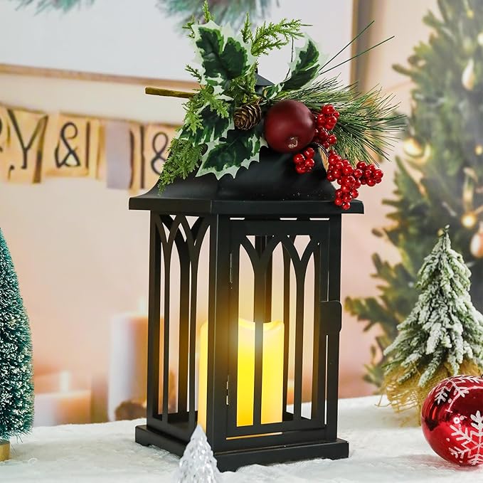 Christmas Decorative for Home, 15.7" Outdoor Large Lanterns Waterproof Christmas Decor Lanterns Decorative Hanging Lantern for Fireplace Table Centerpieces, Porch, Patio Black