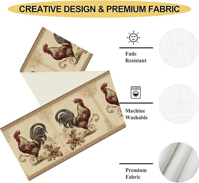 Farmhouse Rooster Table Runner, Vintage Rooster Retro Farmhouse Country Chicken Coffee Table Center Decor for Home Kitchen Dining Patio Holiday Party Indoor Outdoor Table Decorations 13"x72"