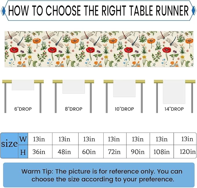 Flowers Dragonflies Table Runner Kitchen Dining Table Runner 13*36in Table Center Decor for Indoor Outdoor Home Holiday Party