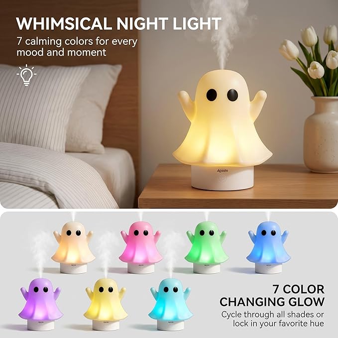 Cute Ghost Essential Oil Diffuser, 120ML Ultrasonic Cool Mist Humidifier with 7-Color LED & Auto Shut-Off, Aromatherapy for Home Bedroom Office, Ideal Gift for Women & Kids (Apricot)