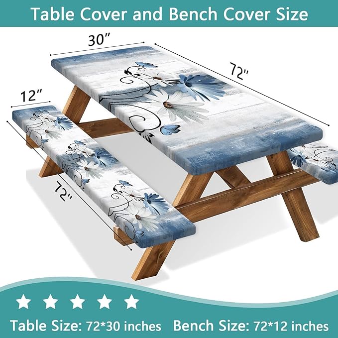 Rustic Farmhouse Blue Flower Picnic Table Cover with Bench Covers, Waterproof Blue Daisy Floral Flowers Butterfly on Country Wooden for Camping Indoor Outdoor Party Decorations, 30X96in