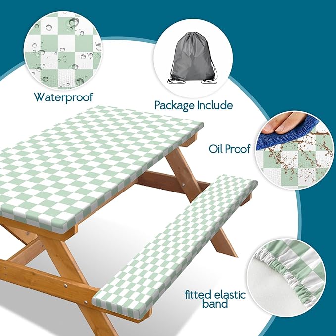 Picnic Table Cover with Bench Covers and Bag, Sage Green and White Checkered Buffalo Plaid Camping Tablecloth Waterproof Elastic Edges Fitted Gingham Tablecloth for Outdoor Garden 3PCS 30x96 Inch