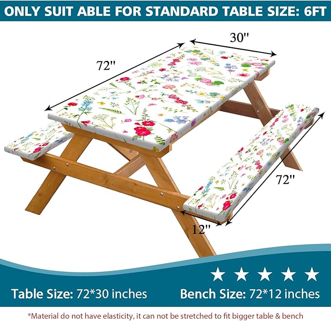 Picnic Table Cover with Bench Covers Elastic Edges, Colourful Wild Flower Rectangle Table Cover Patio Camping Essentials, Elastic Edge Windproof Fabric Outdoor Camping Garden Picnic Table Cloth