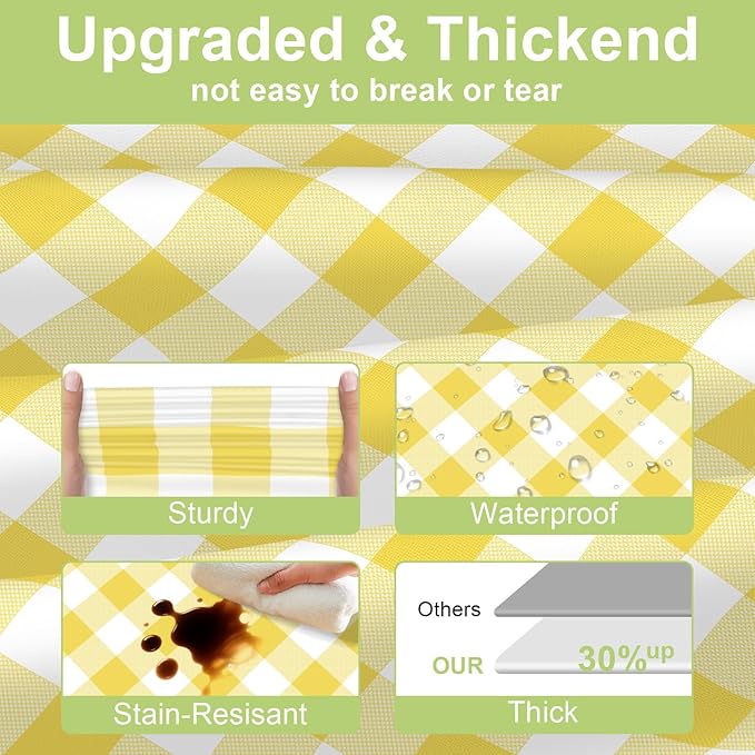 QIKSION Yellow Gingham Tablecloth Disposable 6 Pack, 54 x 108 Inch Yellow and White Checkered Table Cloth for Easter Decorations, Birthday Party Supplies, Rectangle, Plastic Table Cover