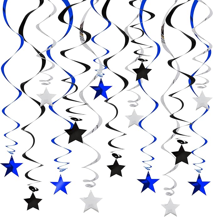BEISHIDA Blue Black Silver Stars Hanging Swirls Graduation Hanging Ornament Decorations for Birthday Party Retirement Congrats Grade 2026 Graduation Decorations,Pack of 15