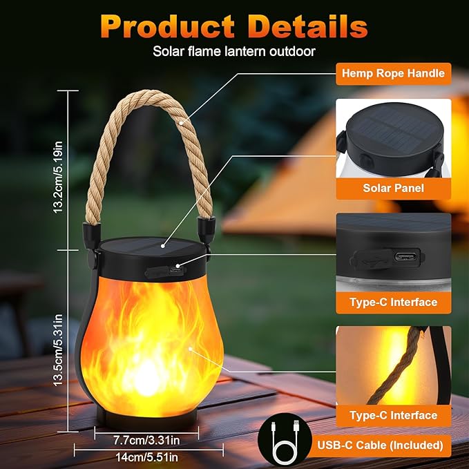 Solar Lanterns Outdoor 2-Pack with Ultra-Real Flame Lights, Dual Charging (USB/Solar), 2 Modes & Outdoor Waterproof Design — Decorative Hanging/Table Lights for Yard, Patio, Garden