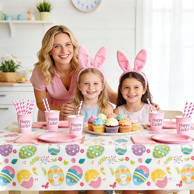 Easter Tablecloths Decorations - 2-Piece Colorful Easter Egg Tablecloths, Disposable Plastic Tablecloths, 54 inches x 108 inches, Perfect for Spring Decorations and Easter Party Supplies