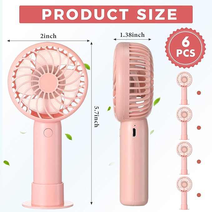 Tujoe 6 Pcs Mini Powerful Handheld Fan 3 Speed Personal Small Portable Rechargeable Fan with Base USB for Women Eyelash Makeup Office Travel Beach Indoor Outdoor (Pink)