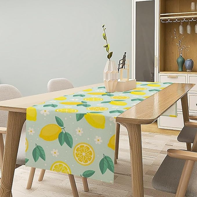 Spring Lemon Table Runner, Summer Seasonal Green Leaves Flowers Yellow Fruit Print Table Runner for Farmhouse Kitchen Dining Table Home Party Decor 13x108in