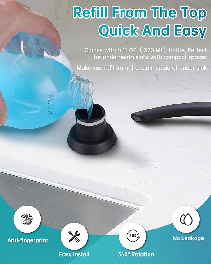 Kitchen Sink Soap Dispenser Oil Rubbed Bronze, Built in Soap Dispenser Kitchen Countertop, ABS Pump Head with Refillable Bottle, Under Counter Dish Soap Hand Lotion Dispenser