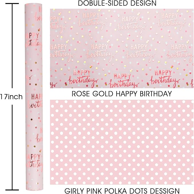 MAYPLUSS Reversible Pink Birthday Wrapping Paper Roll, Girl Gift Wrapping Paper, Metallic Foil Happy Birthday Pattern Girly Gift Wrap for Gift Packaging, Women Party, Celebrations (17 Inch x 33 Feet)