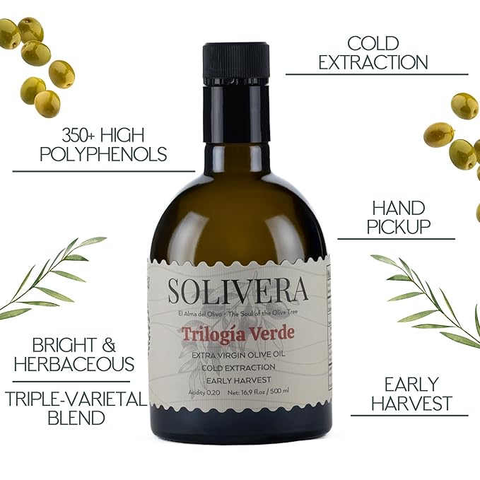 Solivera Trilogía Verde Extra Virgin Olive Oil Cold Pressed, 350+ High Polyphenols, Triple-Varietal Blend, Bright & Herbaceous
