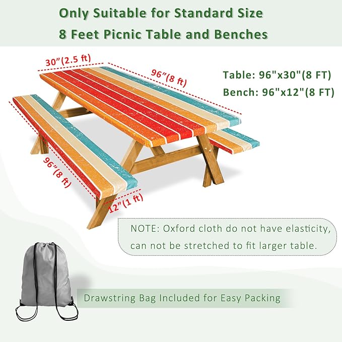 Picnic Table Cover with Bench Covers Camping Essentials Outdoor Reusable Waterproof Tablecloth with Storage Bag, Fitted Rectangle Tables and Seats, 96in, Orange Blue Rainbow