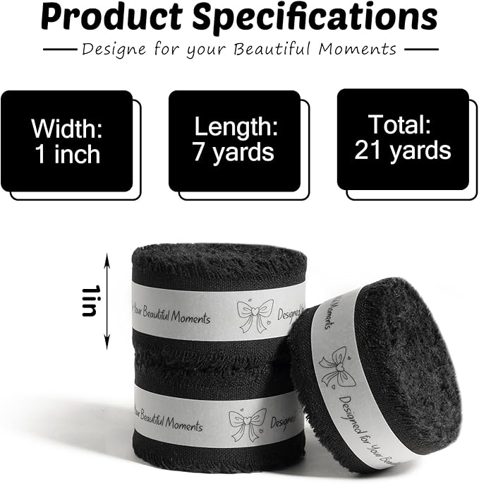 Black Cotton Ribbon 1 Inch Black 3 Rolls 21 Yards Frayed Edge Fabric Set for Wedding Decor, Graduation Party, Gift Wrapping, Gothic Party & Halloween Decor