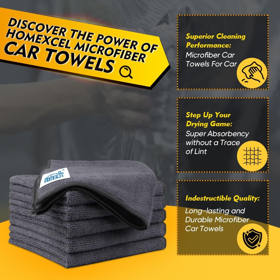 Homexcel Grey Microfiber Cleaning Cloth 6 Pack, 12.5 x 12.5 inch Microfiber Towels for Cars, Ultra Absorbent Car Washing Cloth