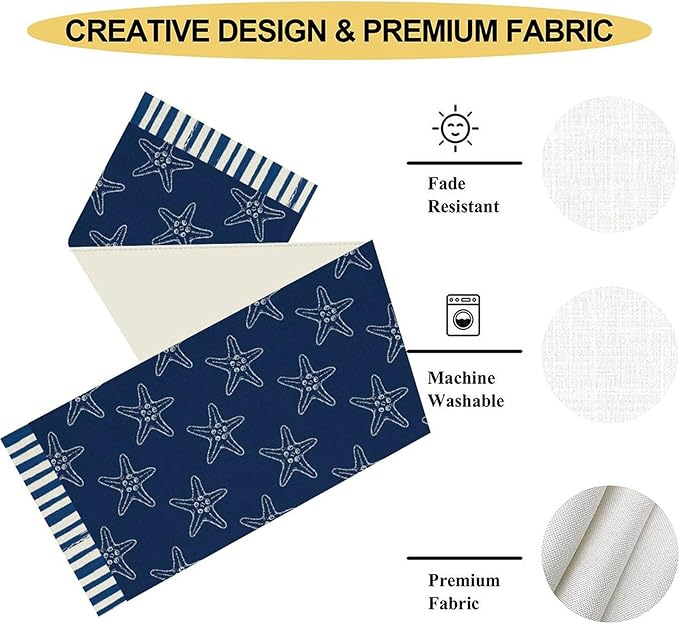 Starfish Table Runner, Summer Coastal Navy Blue Nautical Tropical Rustic Farmhouse Coffee Table Center Decor for Home Kitchen Dining Patio Holiday Party Table Decorations 13"x108"