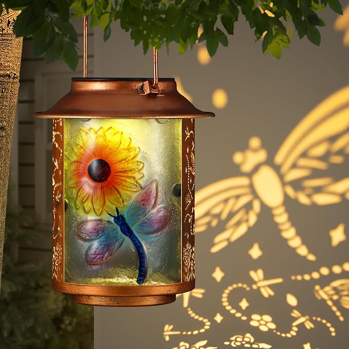 Dragonfly Solar Lanterns Outdoor Waterproof, Birthday Gifts for Women Mom Grandma , Metal Garden Decor Hanging Solar Lights Outside Decorative for Yard Patio Backyard Porch Decorations (Sunflower)