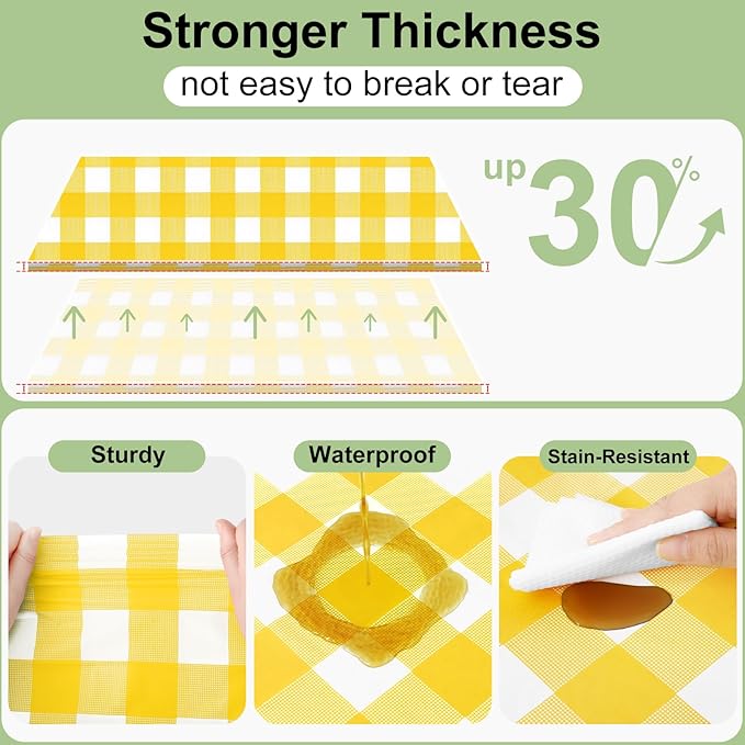 Smiry 3 Pack Yellow Gingham Disposable Tablecloths - 54" x 108" Heavy Duty Plastic Table Cloth, Waterproof Buffalo Plaid Table Covers for Picnic, Banquets, Outdoor Parties