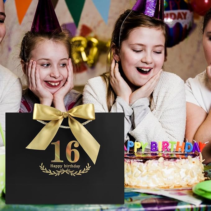 JMANNI Black Gold 16th Birthday Gift Bag with Card and Tissue Paper, 12.6"×9.84"×3.9" Elegant Present Bag for Teens, 16 Year Old Birthday Keepsake Party Supplies