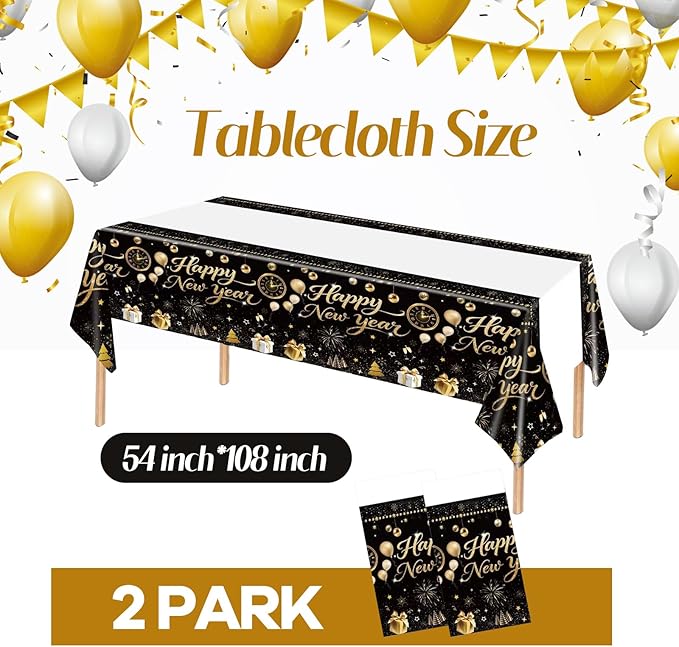 2pack Black and Gold Happy New Year Plastic Tablecloth, 54 x 108 Inch Disposable Rectangle Table Covers with Fireworks, Champagne, and Ornaments for New Year’s Eve Parties Dinners Celebrations