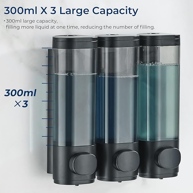 Pollock Shower Dispenser 3 Chamber No Drill Shampoo Conditioner Body Wash Dispenser for Bathroom, Large Capacity, Black