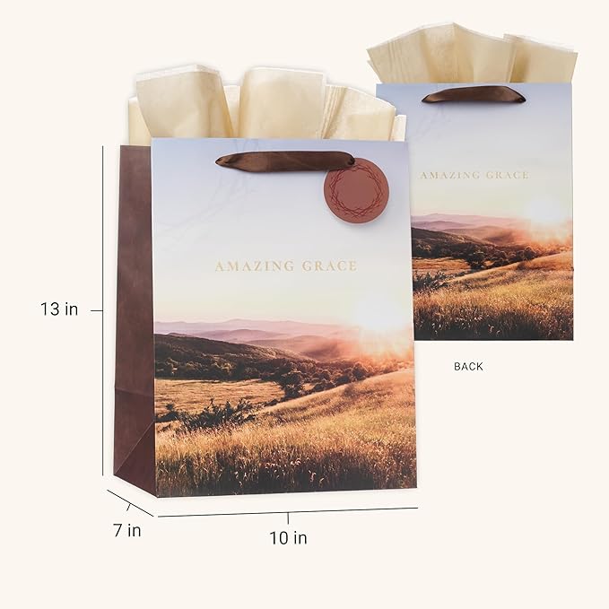 Christian Art Gifts Large Portrait Inspirational Faith-inspired Gift Bag, Tag & Wrapping Tissue Paper Set for Men & Women: Amazing Grace, Sturdy Satin Ribbon Handles, Sunny Multicolor Scenic Landscape