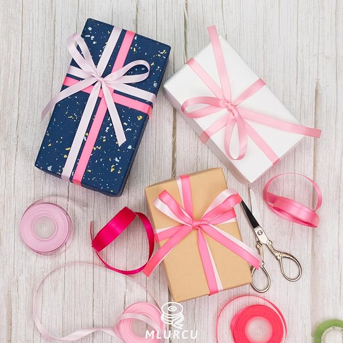 Pink Ribbon Thin 3/8 Inch x 60Yds Assorted Double Faced Pink Satin Ribbon Set for Flower Bouquet, Gift Wrapping, Wedding Invitation, Bridal Shower, Baby Shower, Hair Bows and Crafts
